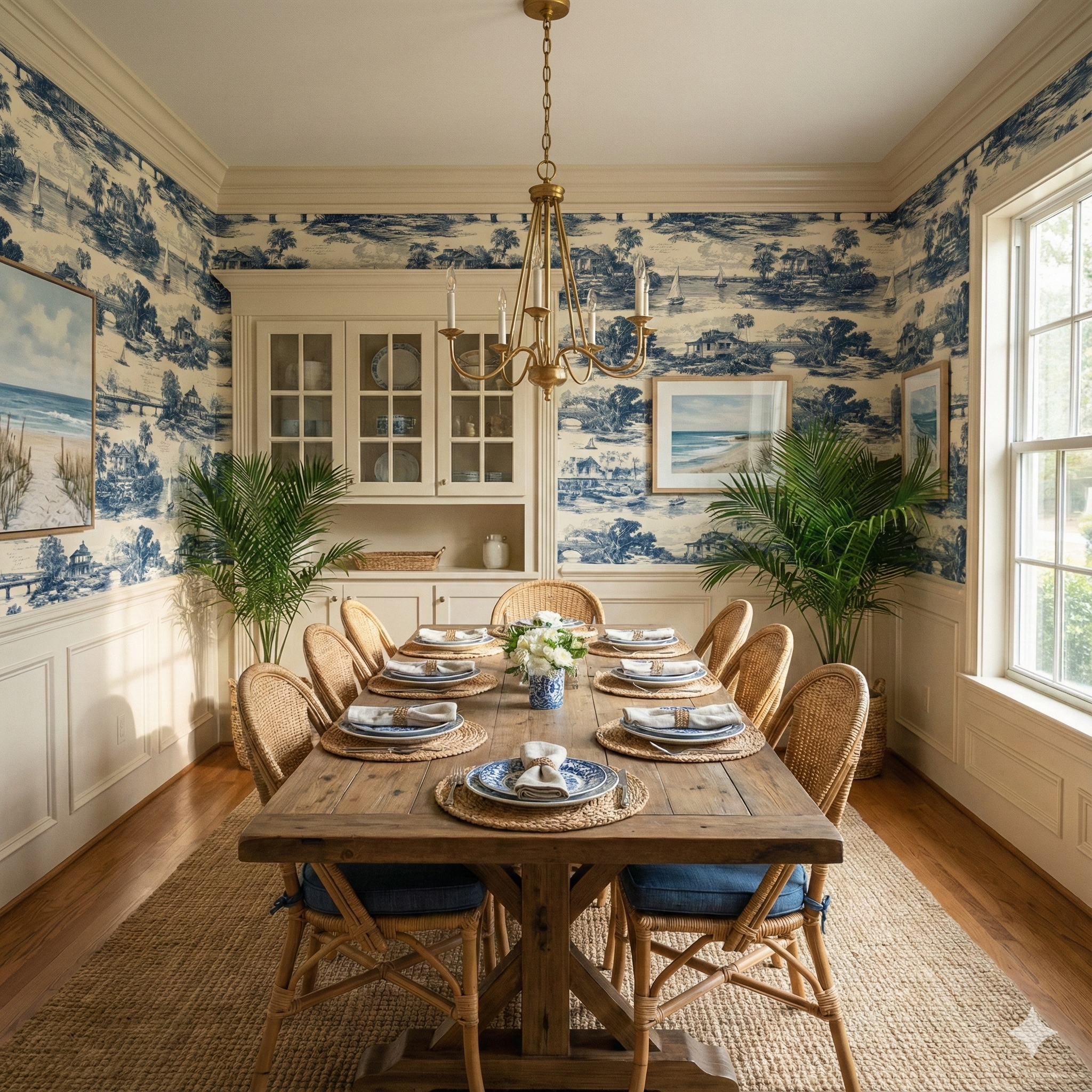 Patterned wallpaper with blue toile design and light cream wainscoting, in a dining room setting.