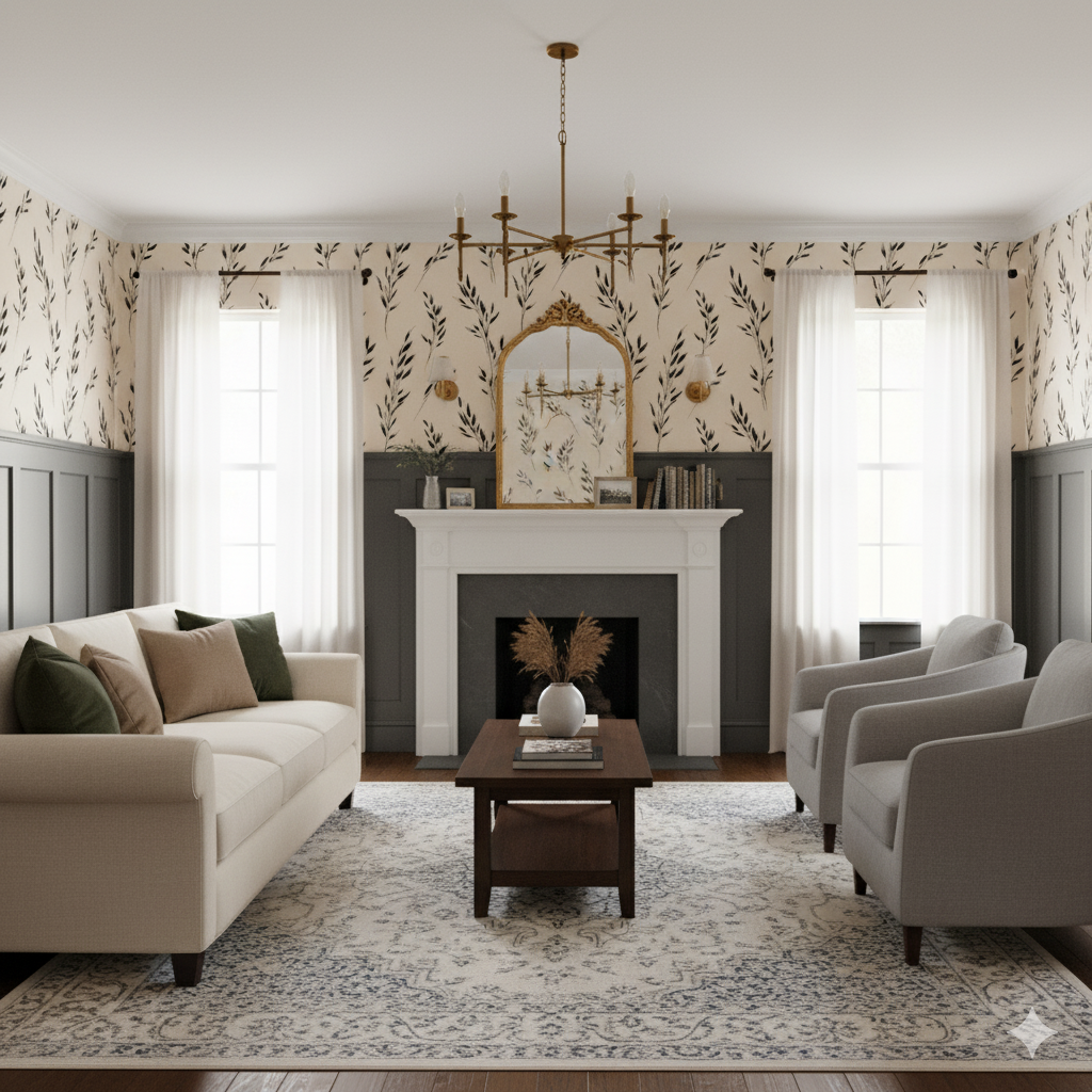 Patterned Inkspire Wallpaper with leaves by Brewster covering the wall in a traditional living room.