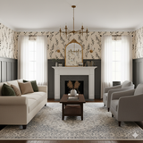 Patterned Inkspire Wallpaper with leaves by Brewster covering the wall in a traditional living room.