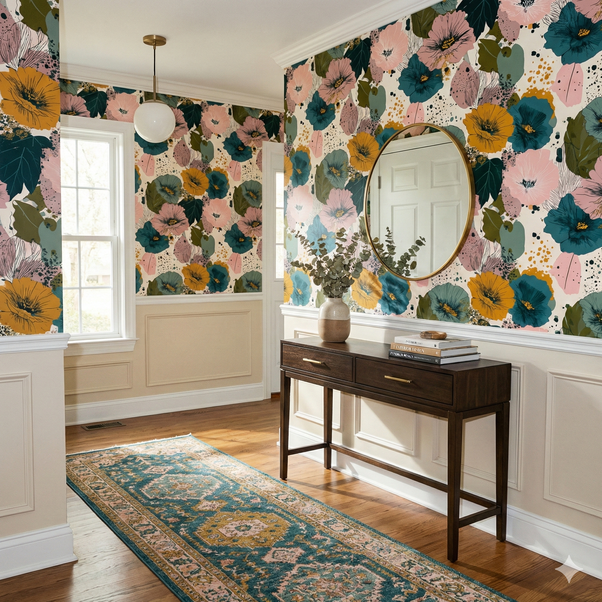 Floral Painter’s Assembly Wallpaper with a cream background, from Wallshoppe, featuring pink, teal and gold blooms in a hallway setting.