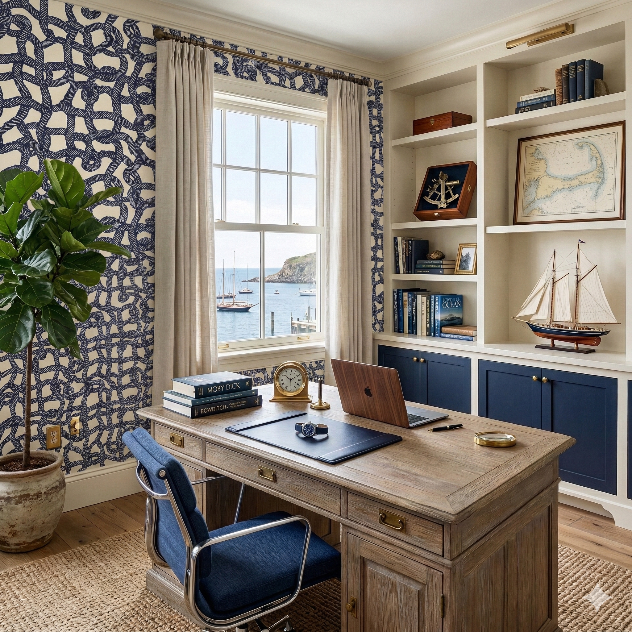 Navy rope wallpaper with nautical knot pattern, visible on an accent wall