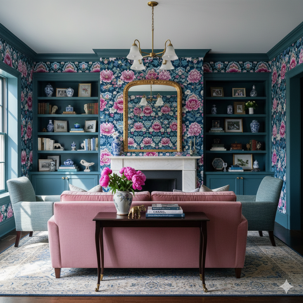 Floral Magnolia Society Wallpaper in blue with pink flowers, patterned across the wall.
