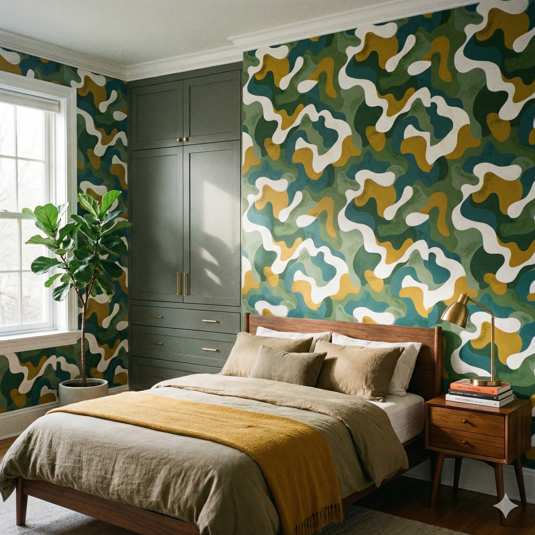 Abstract pattern wallpaper with green and yellow shapes, next to a gray cabinet and bed.