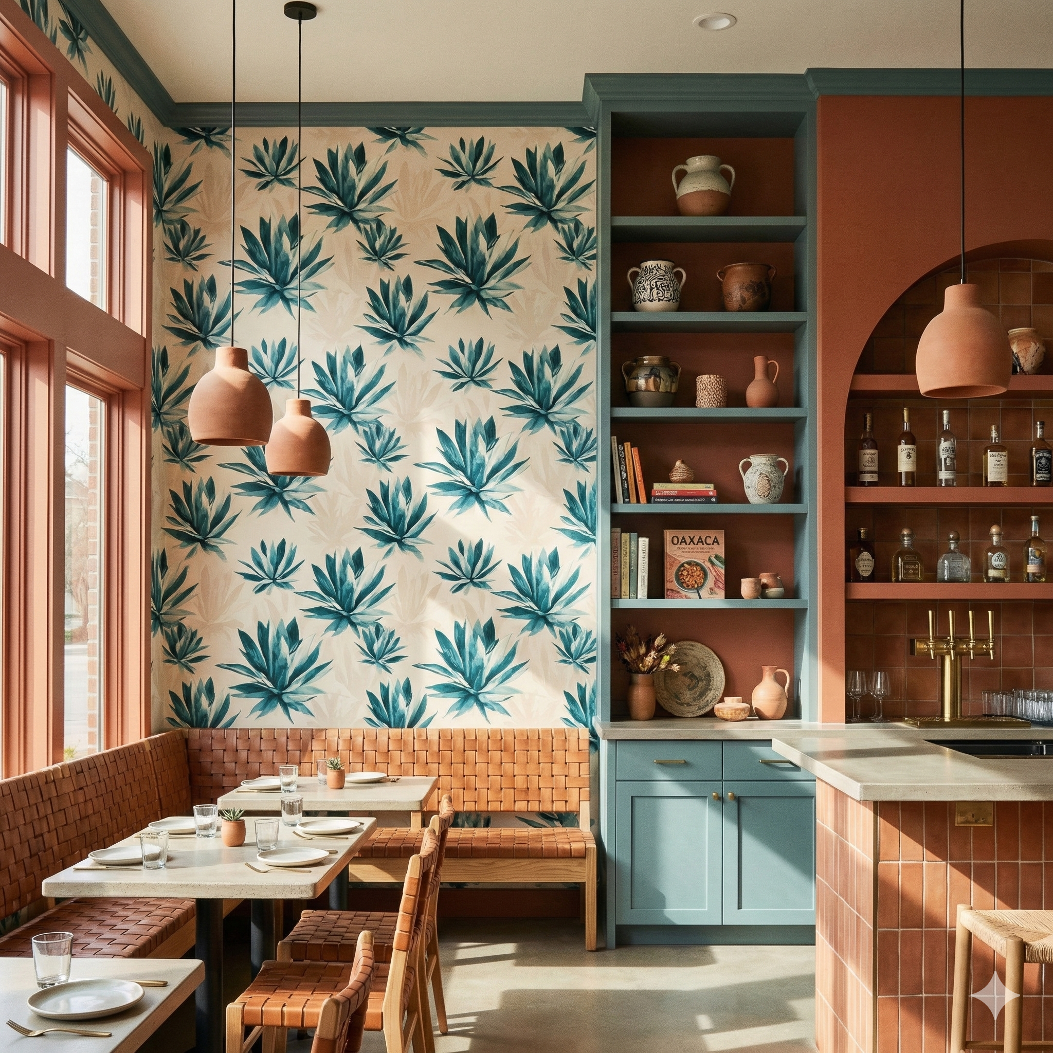 Agave Oasis Wallpaper with blue-green agave plant pattern on a cream background.
