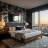 Urban Apparition Wallpaper with geometric patterns against a backdrop of a modern bedroom setting.
