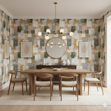 Prairie Grid Wallpaper with green, gray, and peach squares, in an abstract pattern.
