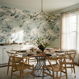 Fogbend Canopy Wallpaper with crane and bamboo pattern on the wall.