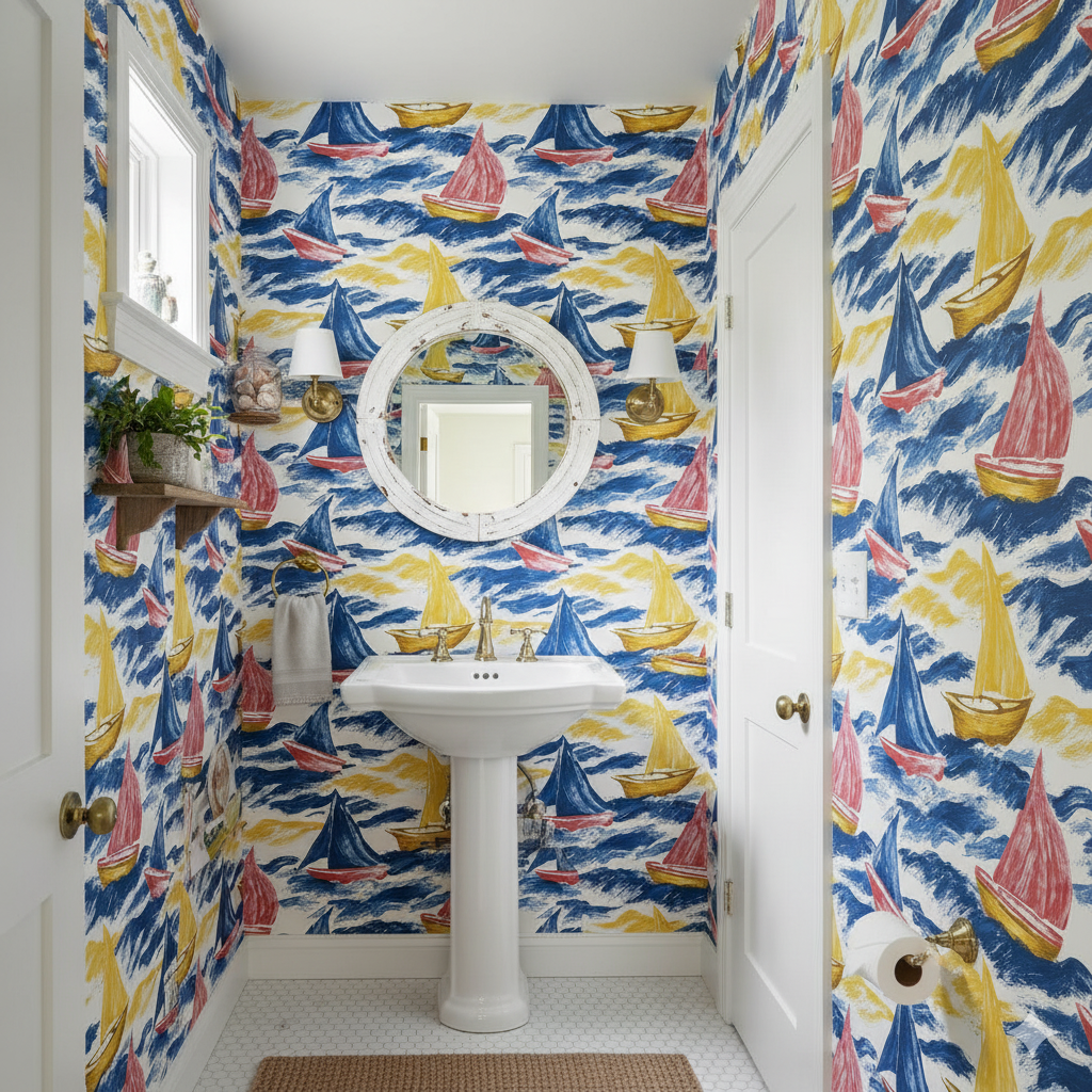 Regatta wallpaper with sailboat pattern in blue, yellow, and red, covering a bathroom wall.