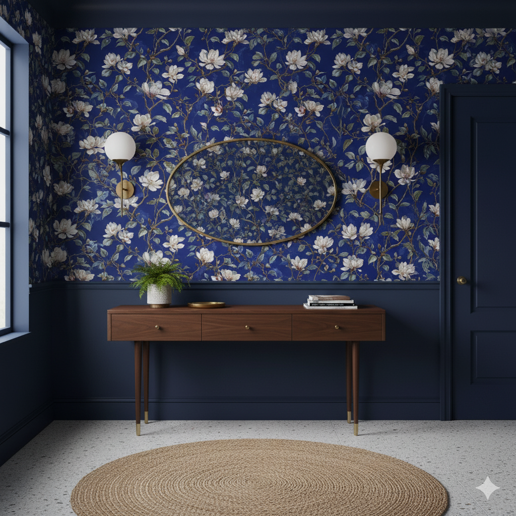 Floral wallpaper with white magnolias on dark blue by Sandberg adorned in an entryway with console table and round rug.
