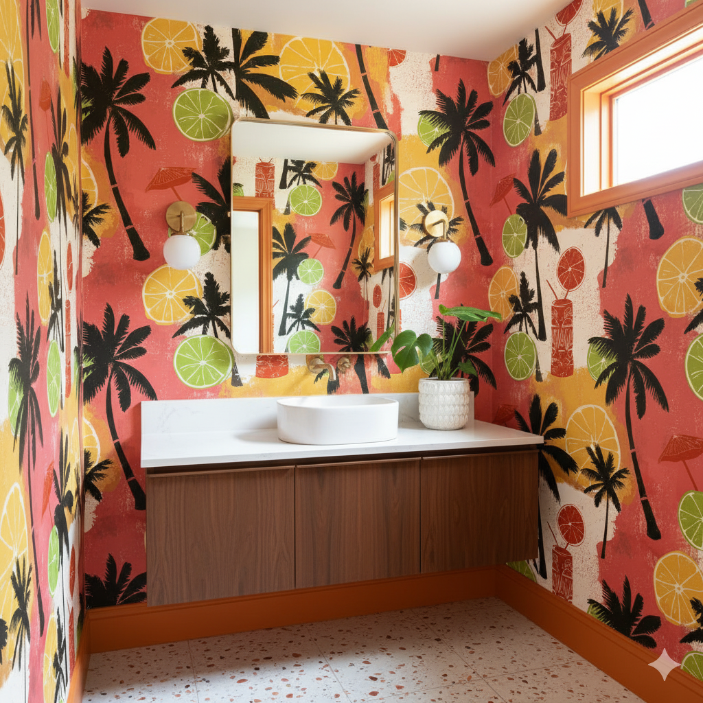 Tropical wallpaper with palm tree and citrus fruit design, on the walls of a bathroom.