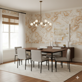 Textured wallpaper with tan swirls on white by Terra Alta, shown in a dining room setting.