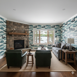 Loon Haven wallpaper with a blue and white loon pattern, styled in a cozy living room.
