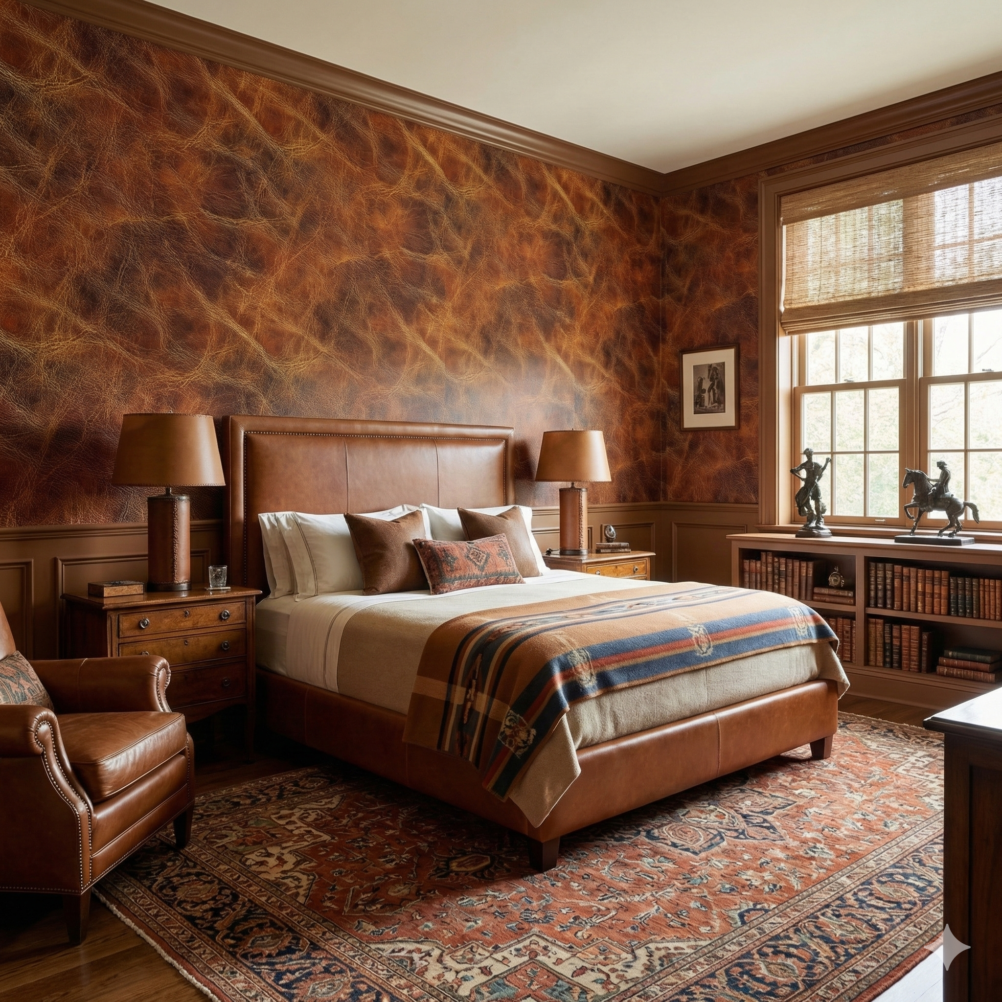 Brown Saddle Legacy Wallpaper with leather texture, in a traditionally decorated bedroom.
