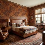 Brown Saddle Legacy Wallpaper with leather texture, in a traditionally decorated bedroom.