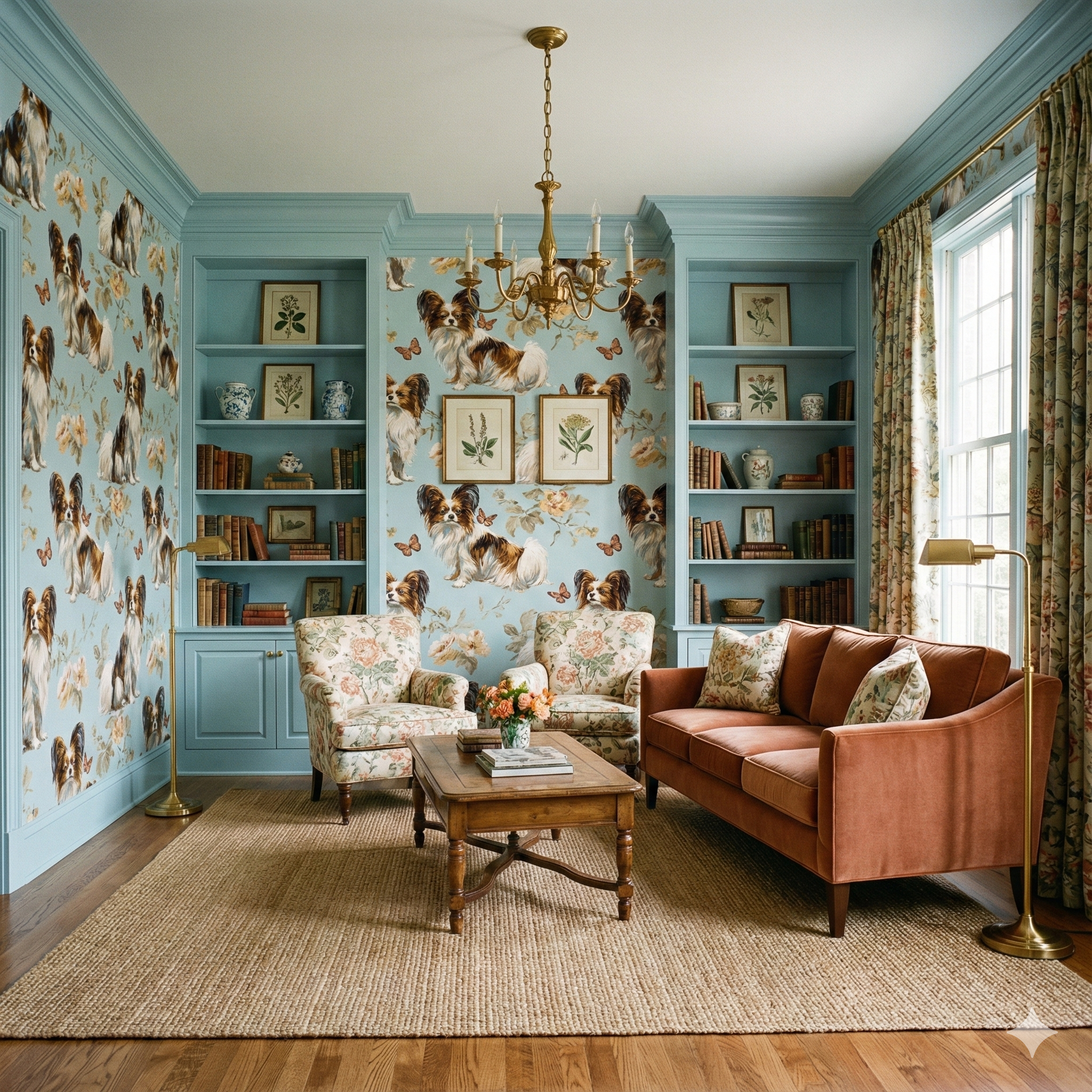 Patterned wallpaper with dog and butterfly design, with built-in bookshelves and floral curtains.
