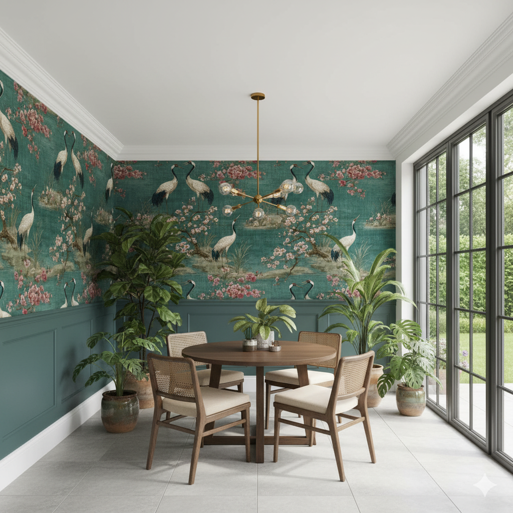 Song of the Crane wallpaper featuring crane and floral pattern, on a green background.