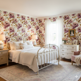 Floral wallpaper with roses by Wallshoppe, displayed in a bedroom setting.