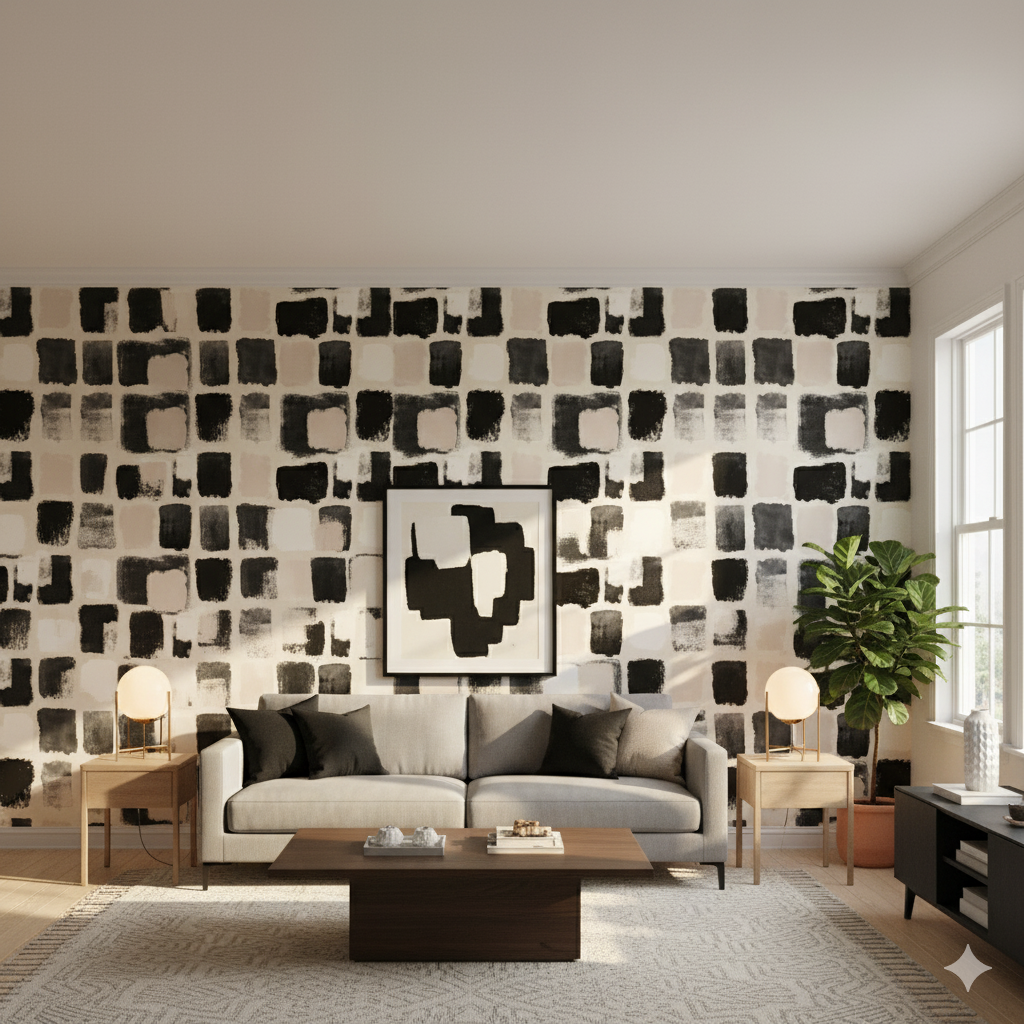 Umber blocks wallpaper with squares pattern and neutral color scheme.