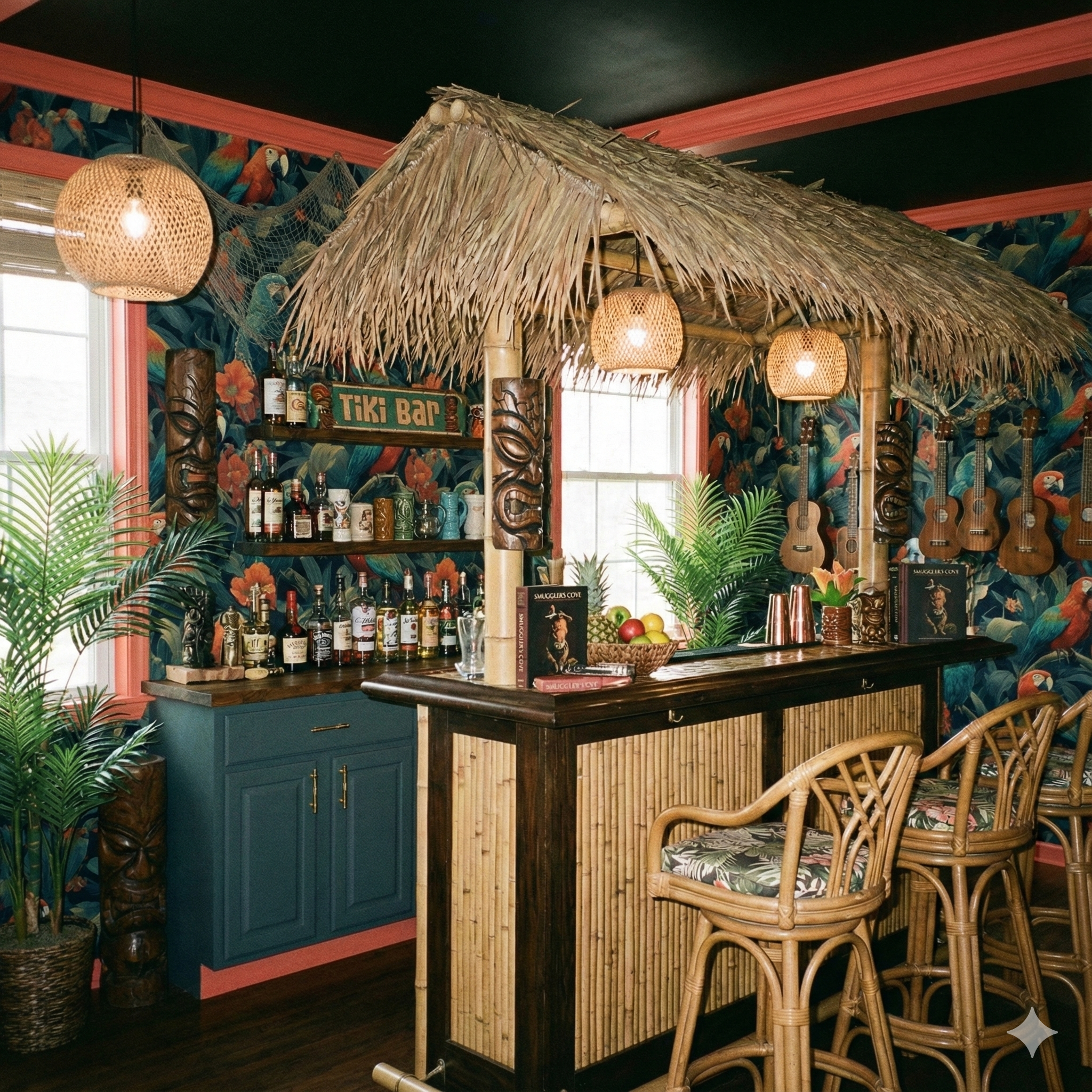 Tropical wallpaper with parrots and floral pattern, shown as background for a tiki bar.
