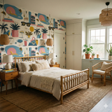 Drift Club wallpaper featuring beachside imagery and playful pattern, covering the walls.