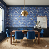 Zephyr Drift wallpaper featuring blue hues and abstract, feathery patterns on the wall of a dining room setting.
