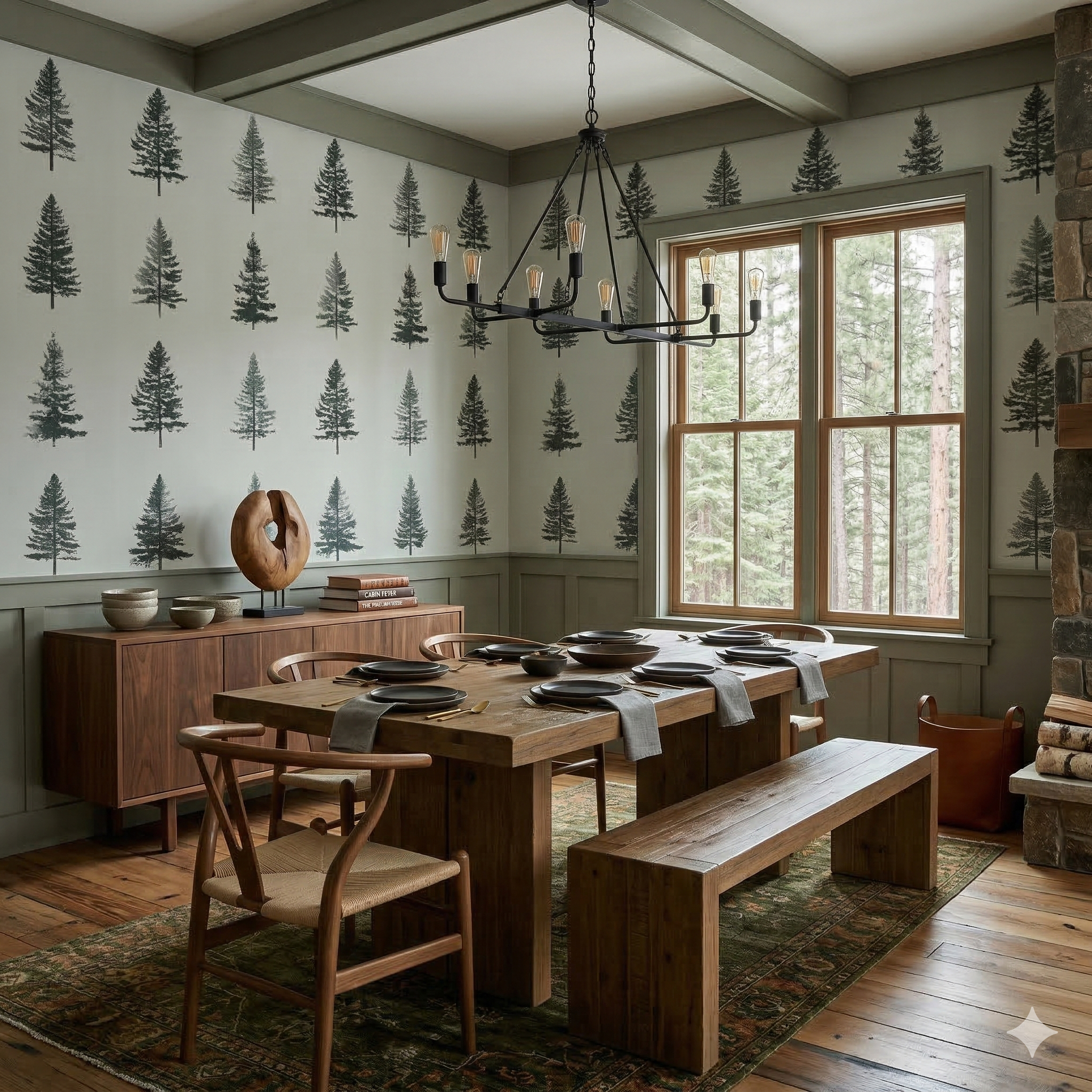 Silhouette grove wallpaper with trees pattern, across the walls of a dining room.