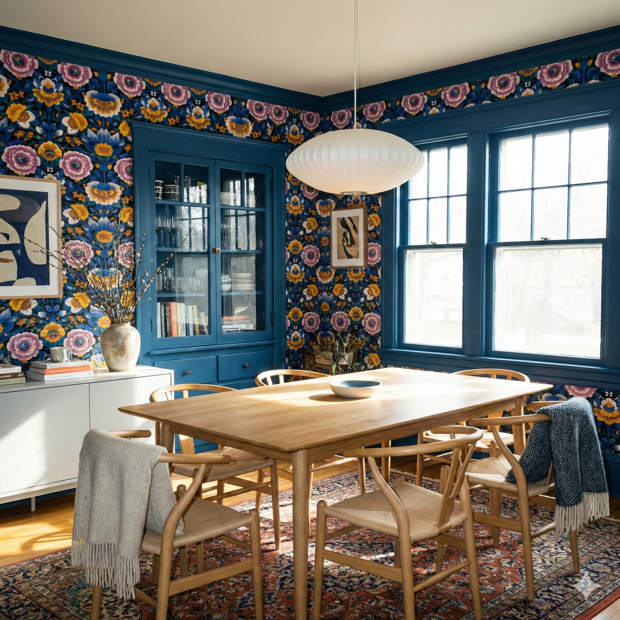 Floral Gallery Allegory Wallpaper with pink, blue, and yellow flowers on a navy background.
