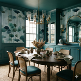 Blue lotus canes wallpaper with floral pattern, on a dining room wall with wainscoting.