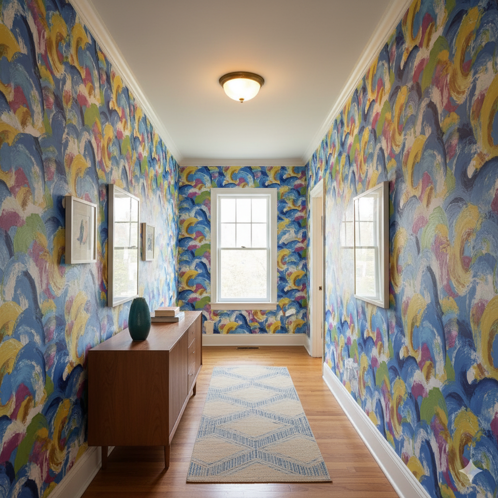 Arcadia Tide wallpaper in blue by Schumacher with a swirling, colorful brushstroke pattern on the wall of a hallway.
