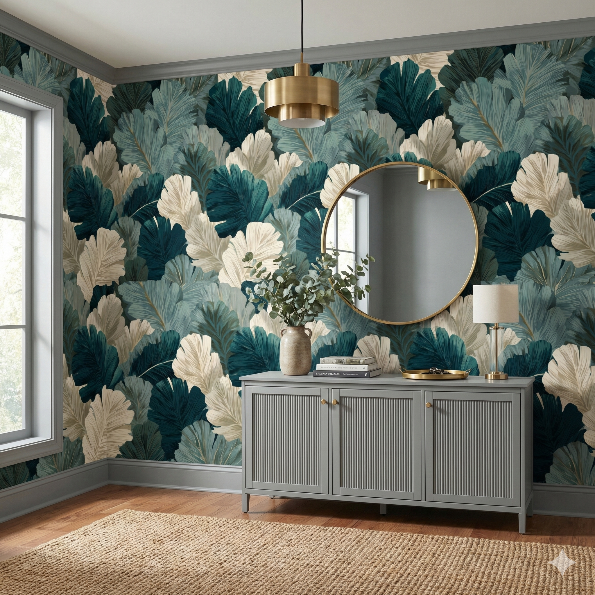 Botanical wallpaper with green and beige leaf pattern, styled with gray cabinet and round gold mirror.
