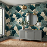 Botanical wallpaper with green and beige leaf pattern, styled with gray cabinet and round gold mirror.
