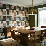 Rustline Grid Wallpaper with geometric square pattern in brown, green, and cream.