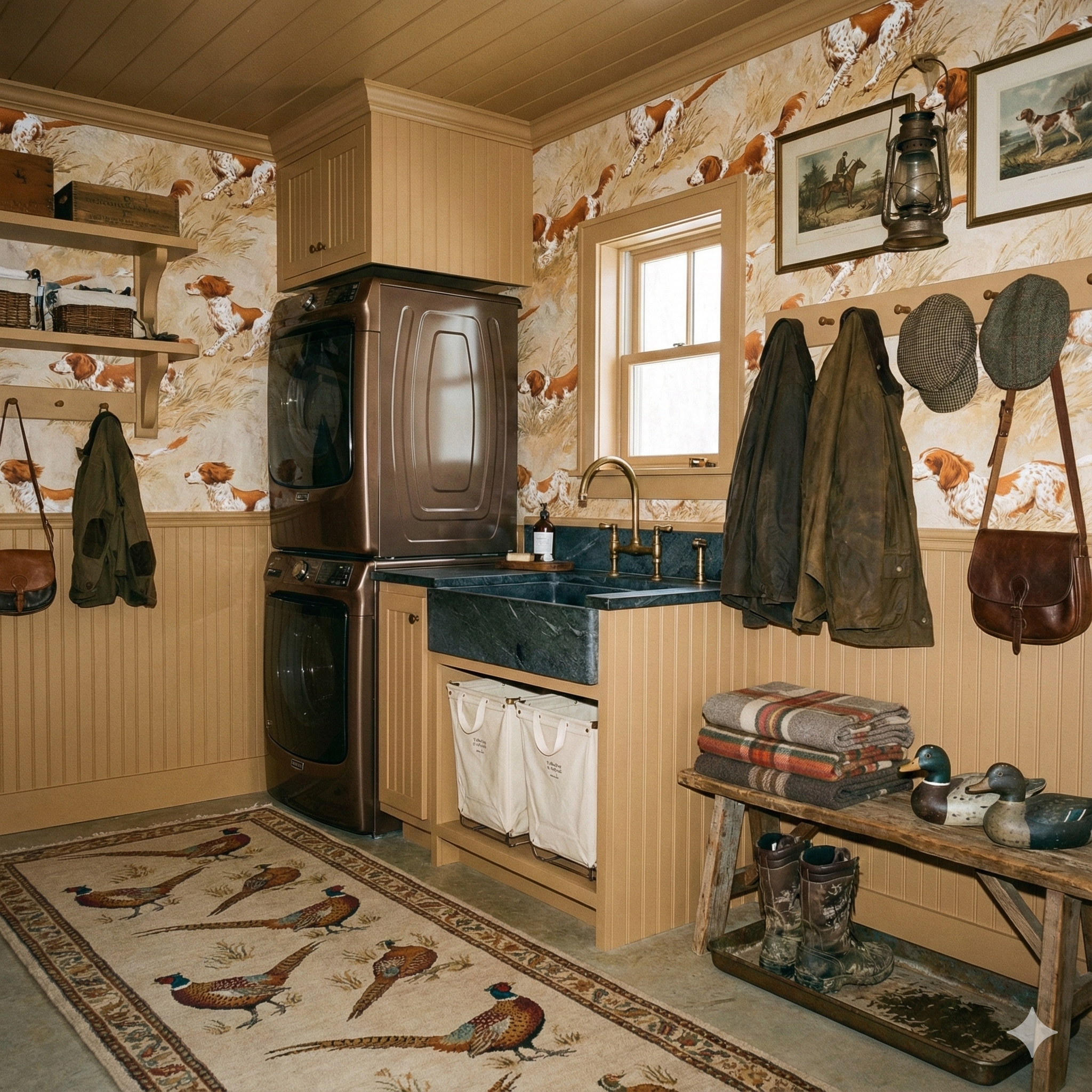 Redfern Chase Wallpaper with a dog pattern, covering the walls of a rustic laundry room.