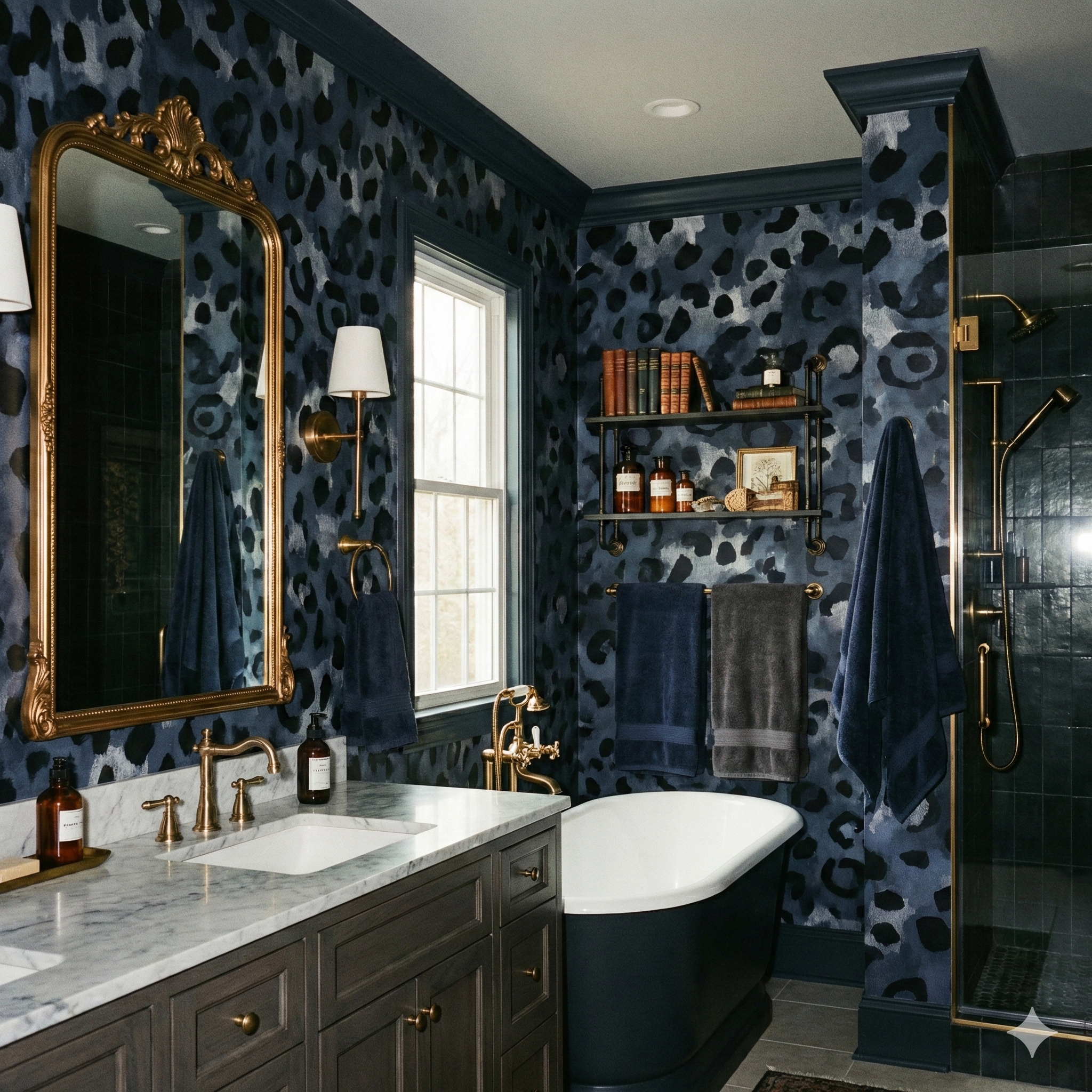 Carbon Prowl wallpaper with a blue and black leopard print pattern.