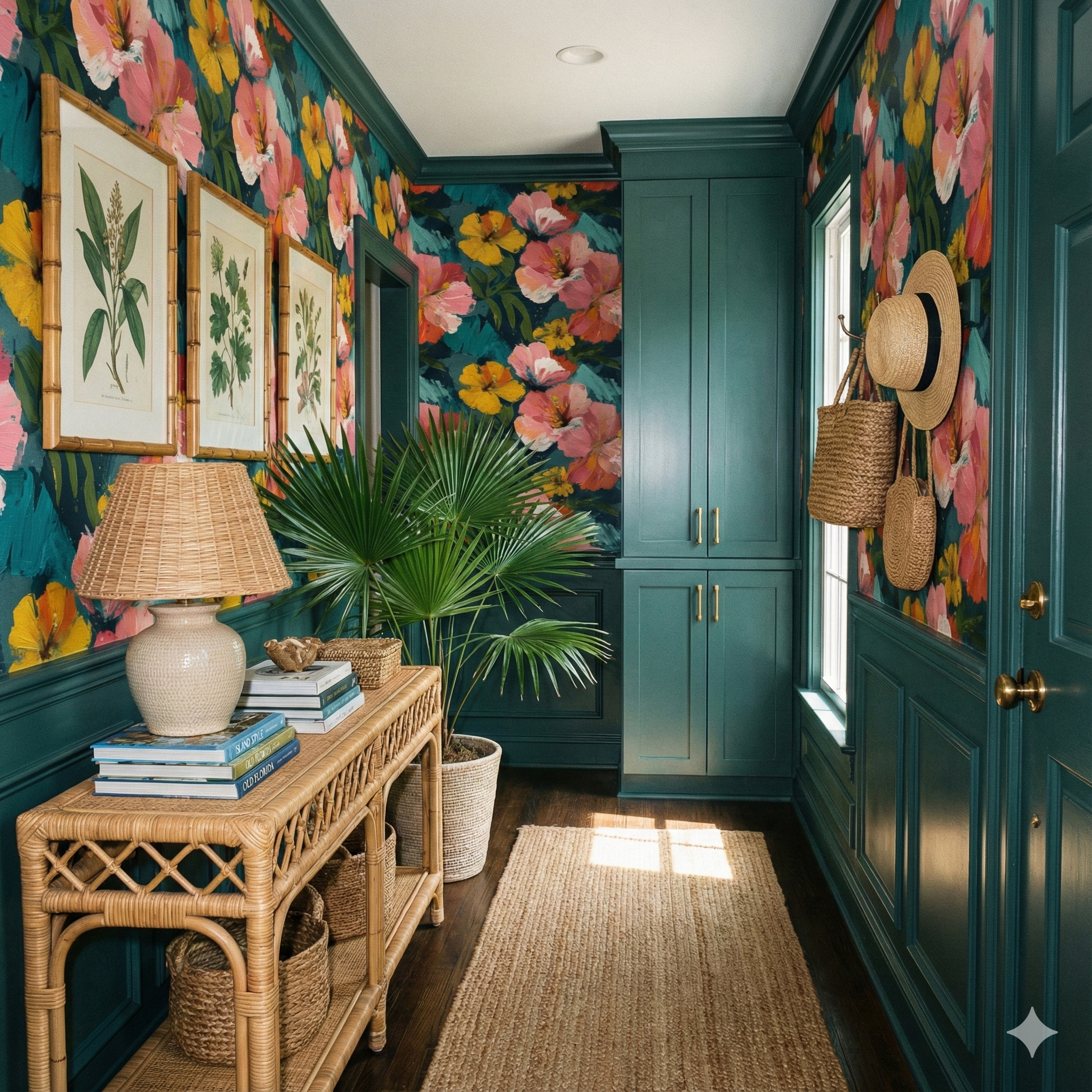 Painter’s Orchard Wallpaper with a colorful floral pattern on a dark teal background.
