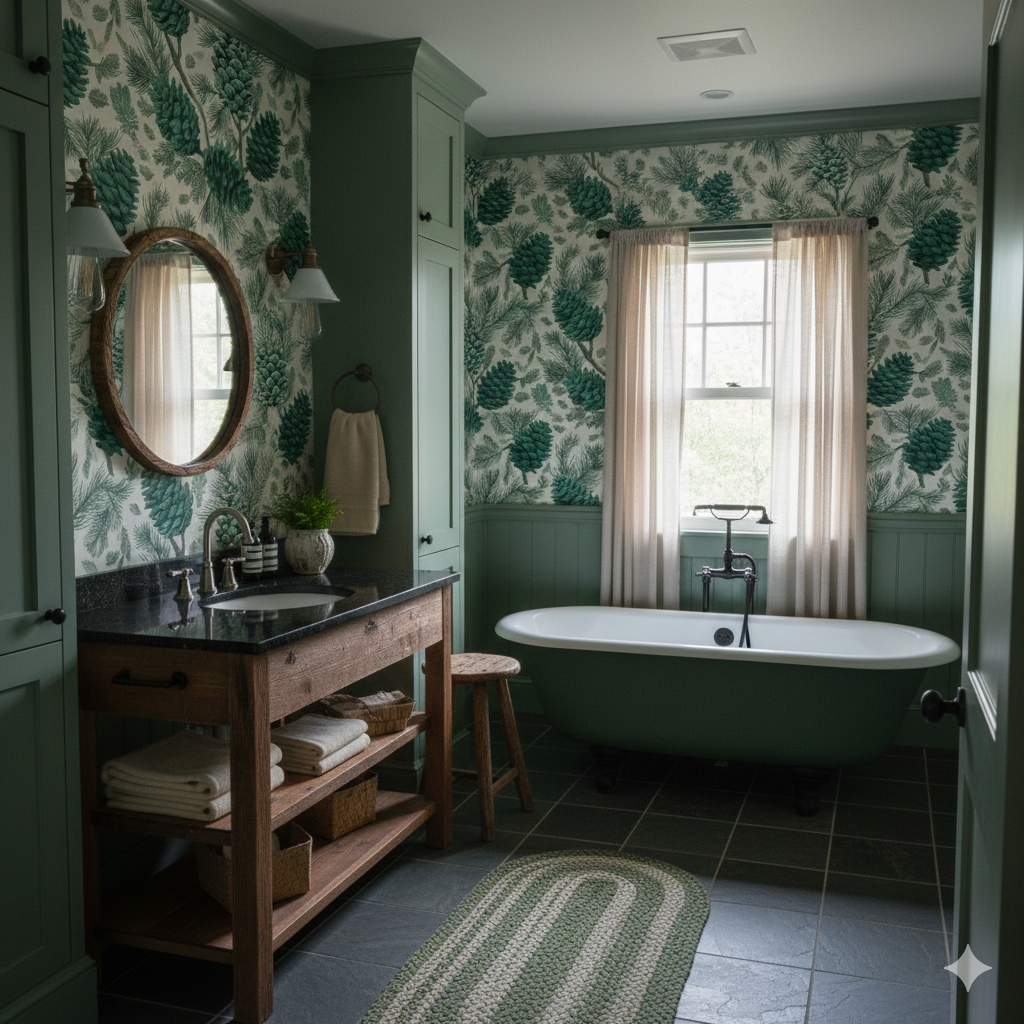 Green botanical wallpaper with pinecone pattern, over green wainscoting, with white window and matching bath.