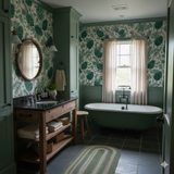 Green botanical wallpaper with pinecone pattern, over green wainscoting, with white window and matching bath.