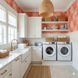 Coral-colored wallpaper with white coral pattern, decorating a laundry room.
