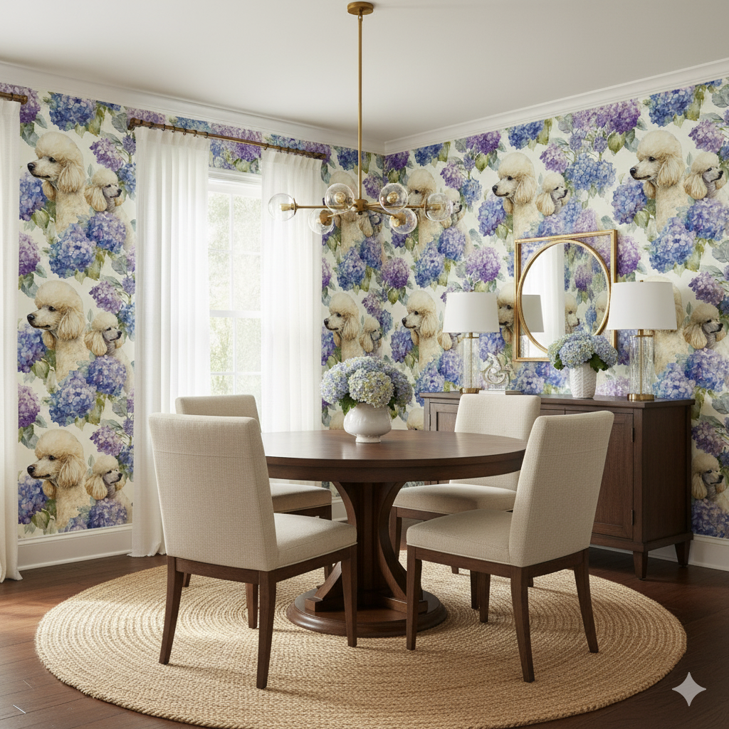 Versailles Hydrangea Wallpaper with poodle and hydrangea pattern on the walls of a decorated dining room.