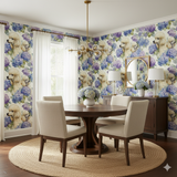 Versailles Hydrangea Wallpaper with poodle and hydrangea pattern on the walls of a decorated dining room.