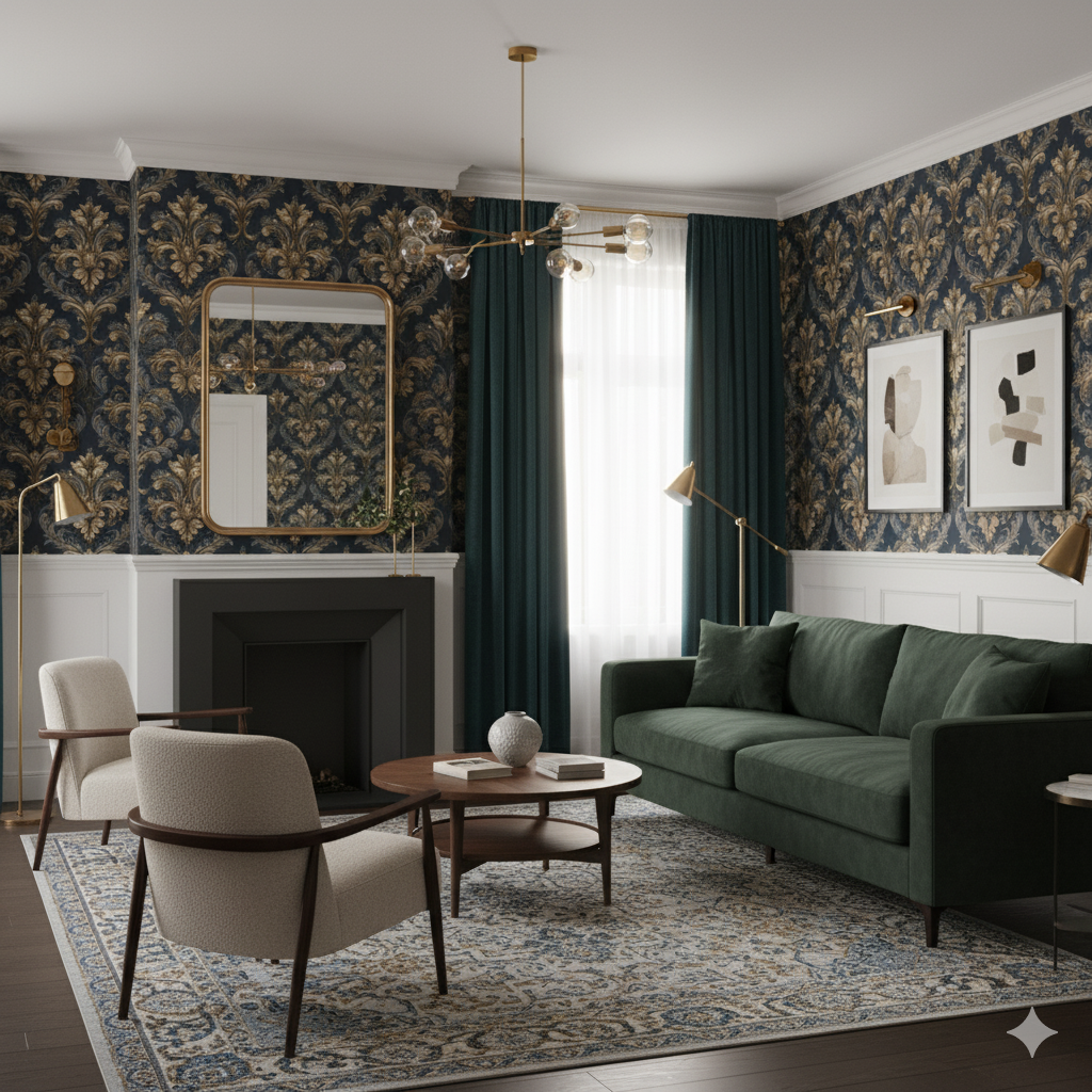 Patterned Imperial Crest wallpaper with damask design, in navy and gold tones.