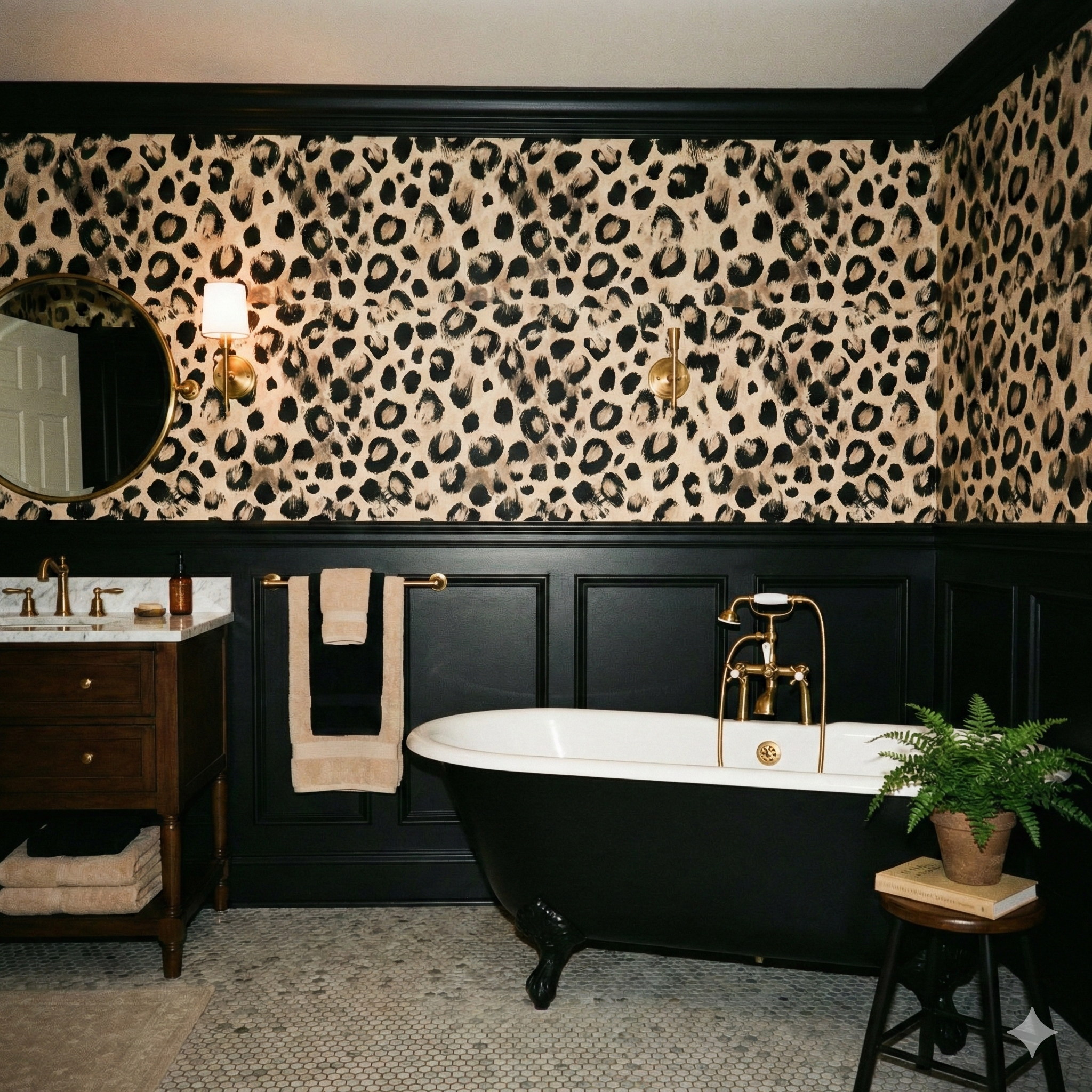 Leopard print Raw Aperture Wallpaper with black wainscoting and gold accents.