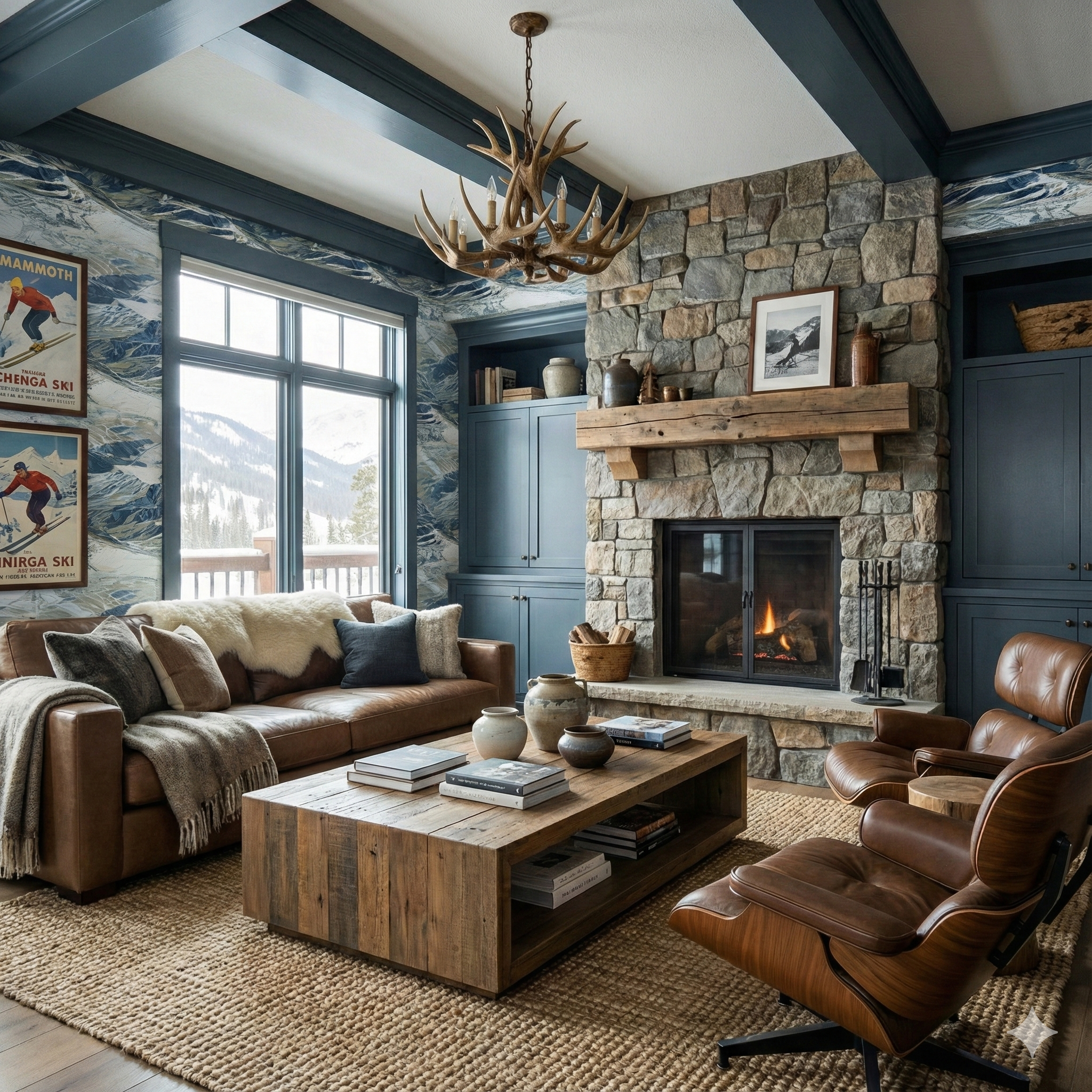 Mountain scene wallpaper with blue hues, depicting snowy peaks, styled in a rustic living room.