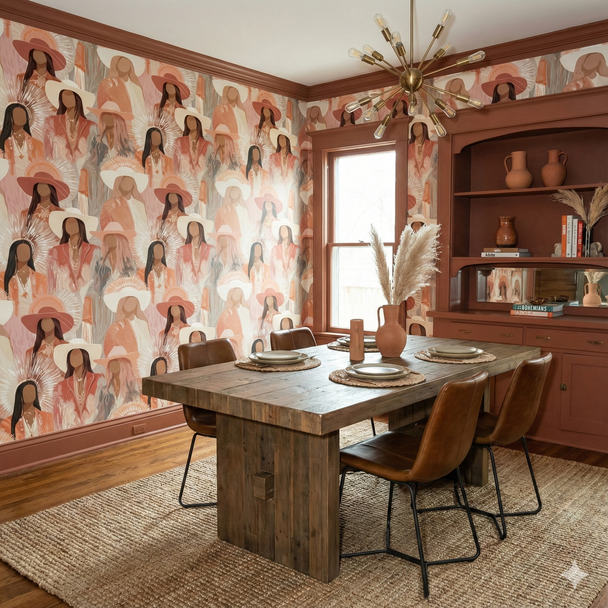 Desert Aurelia Wallpaper featuring women in hats, with patterns and textures on the wall.
