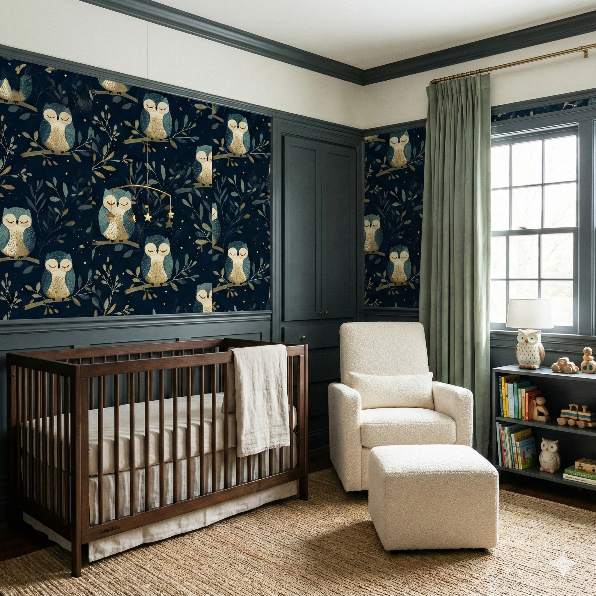 Moonlark Perch wallpaper with owl pattern, featuring dark blue and tan colors.
