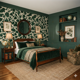 Hearthwood Canopy Wallpaper featuring a green leaf pattern, covering the walls of a vintage-styled bedroom.
