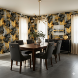 Obsidian Aureum Wallpaper featuring black and gold water-color pattern, accentuating a luxurious dining area setting.