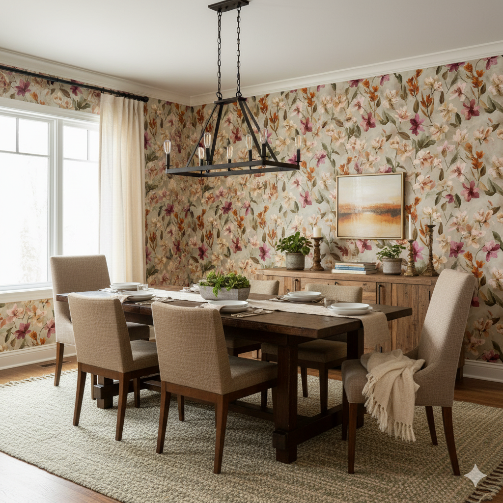 Floral Sonora Bloom Wallpaper in a botanical design on the walls of a dining room.