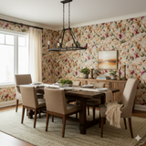 Floral Sonora Bloom Wallpaper in a botanical design on the walls of a dining room.