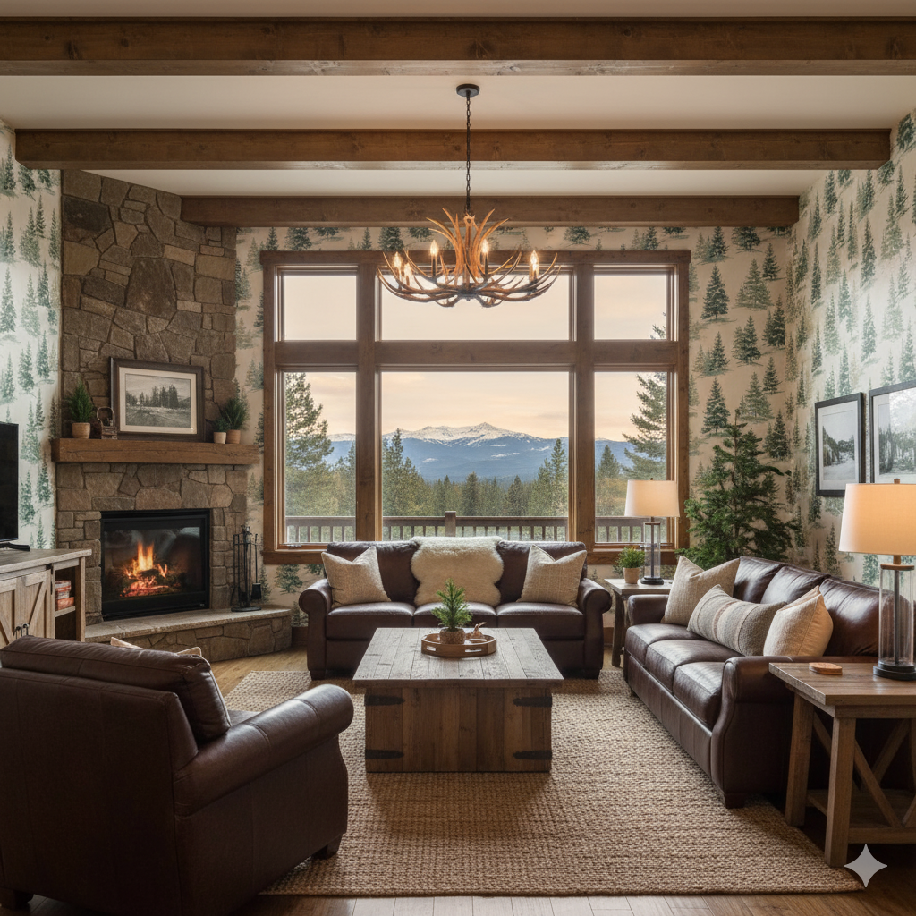 Tree-patterned wallpaper with a forest motif, featuring green pine trees against a white backdrop.
